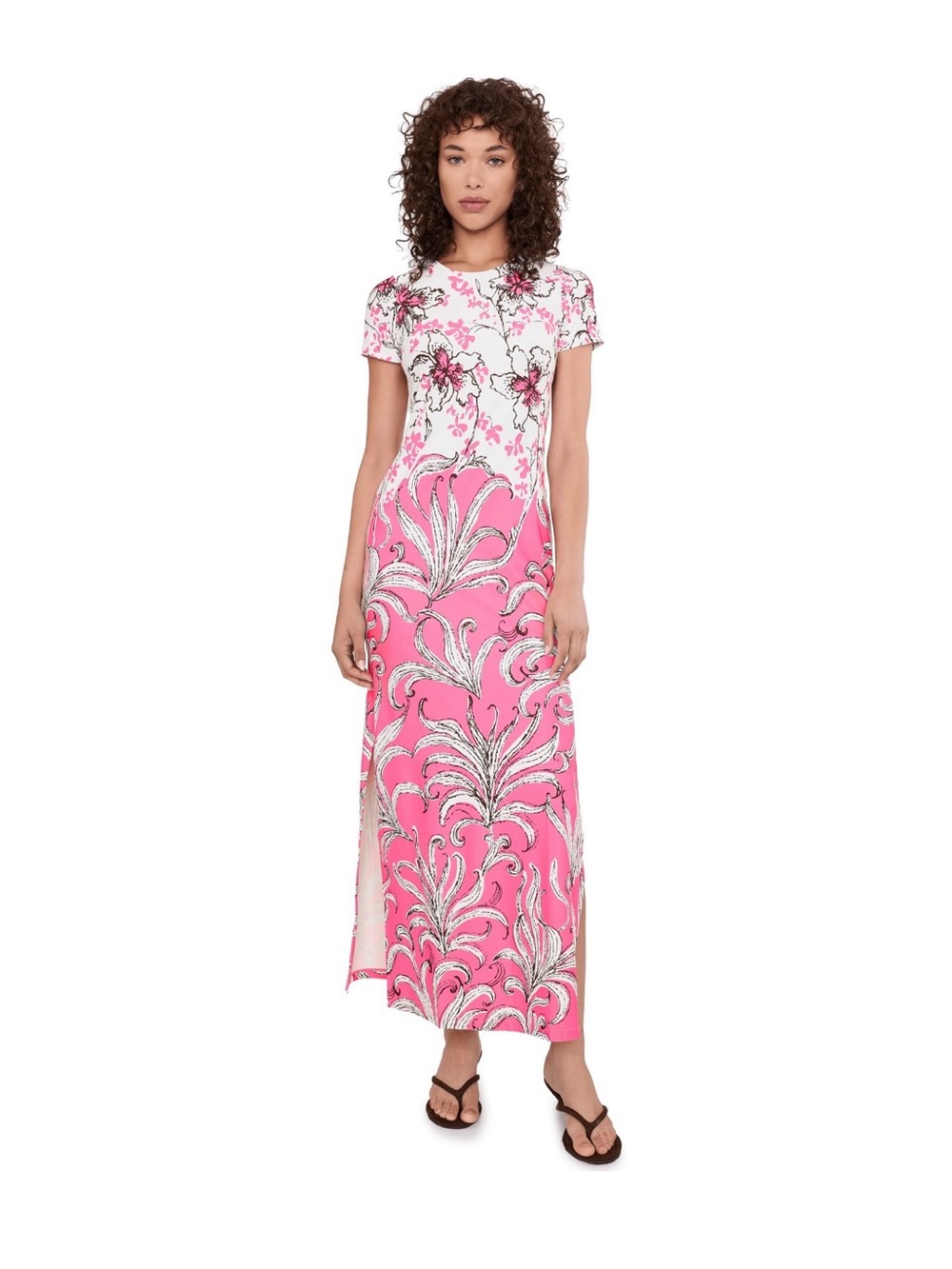 Lilly Pulitzer White Maxi Dress with Pink & Black Floral Design